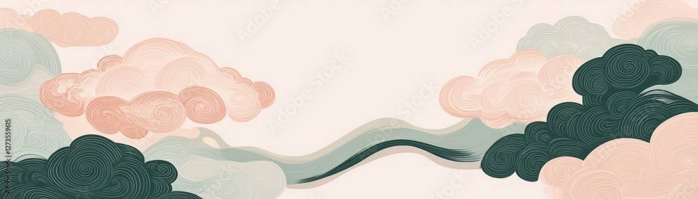 Stylized Japanese cloud motifs in pastel pink and olive green, minimal and elegant traditional backdrop Stylized Japanese cloud motifs in pastel pink and olive green, minimal and elegant traditional backdrop