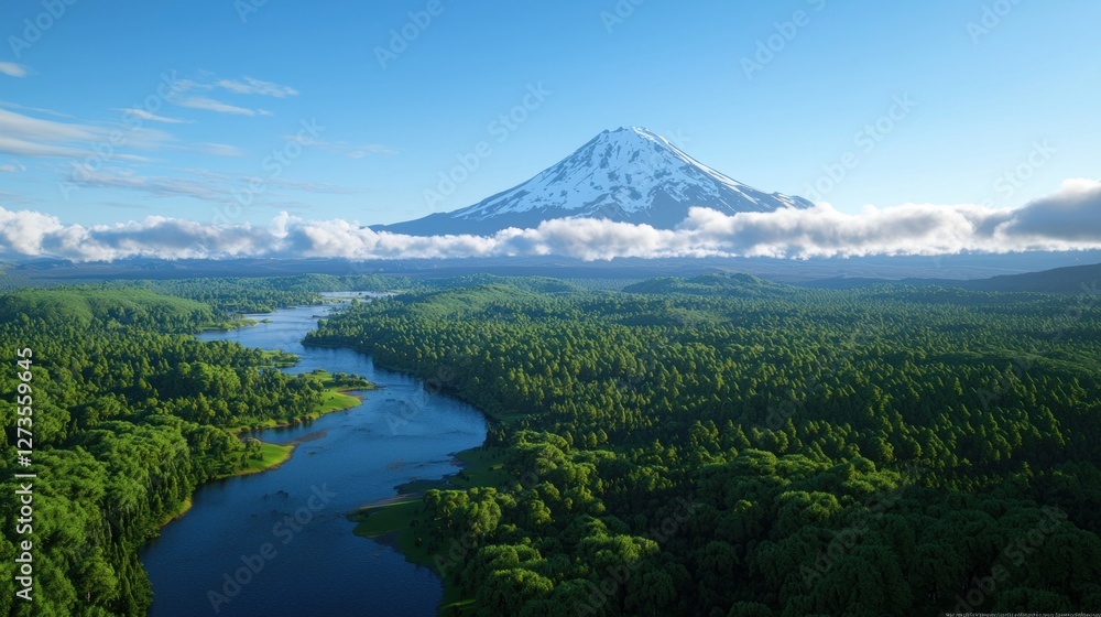 Snow capped mountain and jungle river Snow capped mountain and jungle river