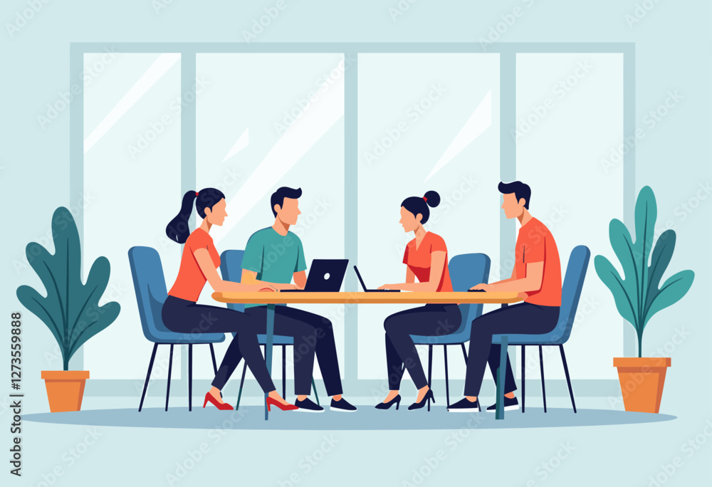 The image depicts a group of four people sitting around a table, engaged in a discussion or working on a laptop, suggesting a collaborative work environment. Flat vector illustration The image depicts a group of four people sitting around a table, engaged in a discussion or working on a laptop, suggesting a collaborative work environment. Flat vector illustration