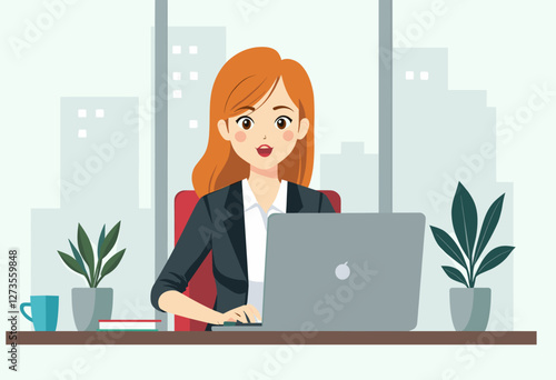 A woman in a business suit is working on a laptop at her desk, with two potted plants and a cup of coffee nearby. Flat vector illustration