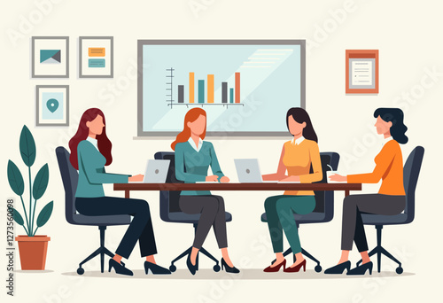 Four women are working together in a meeting room, seated around a conference table with laptops and papers, suggesting a collaborative work environment. Flat vector illustration