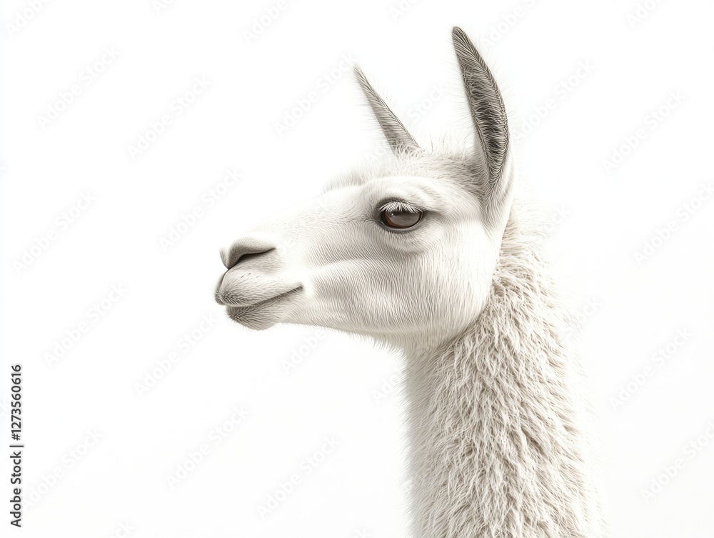 Obraz premium White llama with a long horn on its head. The llama is looking straight ahead