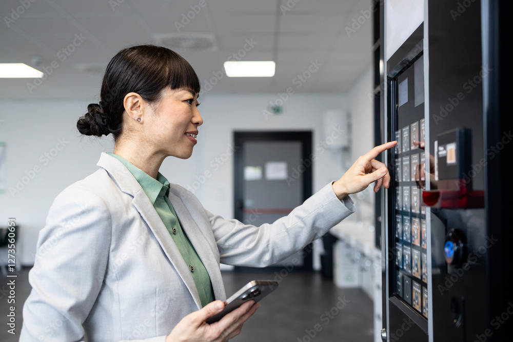 Businesswoman buying snacks on vending machine on job break and making contactless payment via smart phone. Businesswoman buying snacks on vending machine on job break and making contactless payment via smart phone.