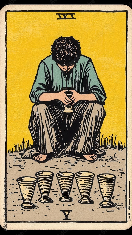 Fototapeta premium The Nine of Cups tarot card, a satisfied figure sitting with nine cups, symbolizing emotional fulfillment, wishes coming true, and contentment, warm and inviting