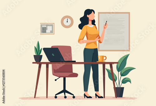 A woman stands in front of a whiteboard, holding a marker and preparing to write or present information. Flat vector illustration