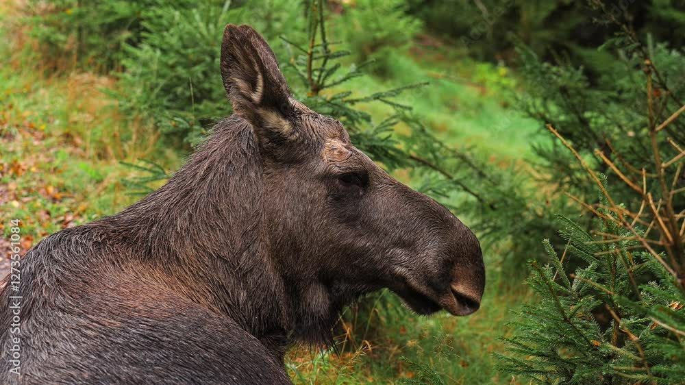 A moose calmly resting in the forest of Vestarelen, Norway, surrounded by greenery A moose calmly resting in the forest of Vestarelen, Norway, surrounded by greenery