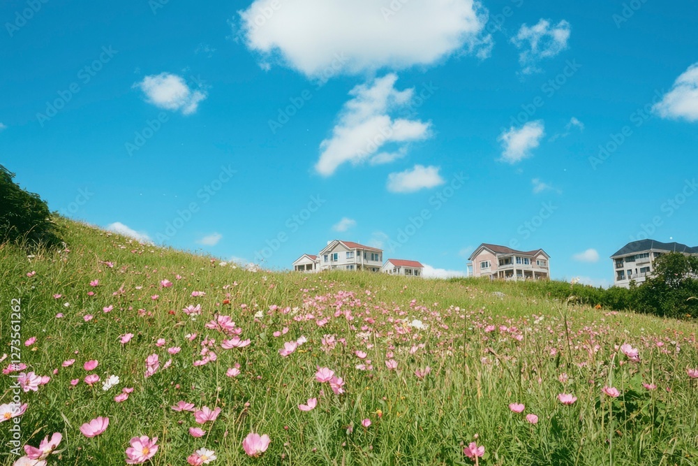 Blooming meadow with wildflowers, suburban houses on sunny day backdrop scenery Blooming meadow with wildflowers, suburban houses on sunny day backdrop scenery