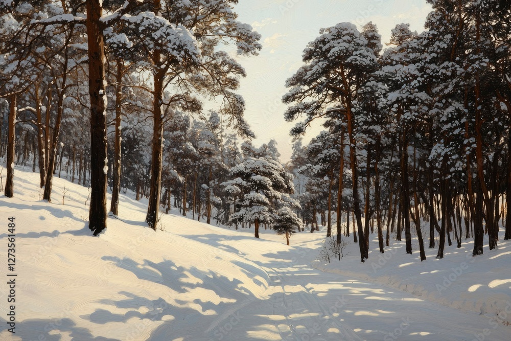 Wintery woods landscape. Snow covered road cutting through sunlit snow-laden trees