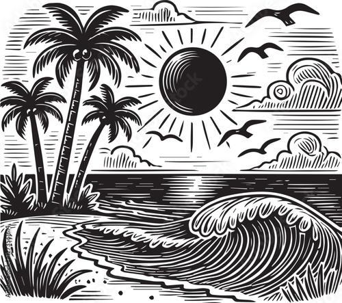 Beach waves ocean palm tree vector illustration