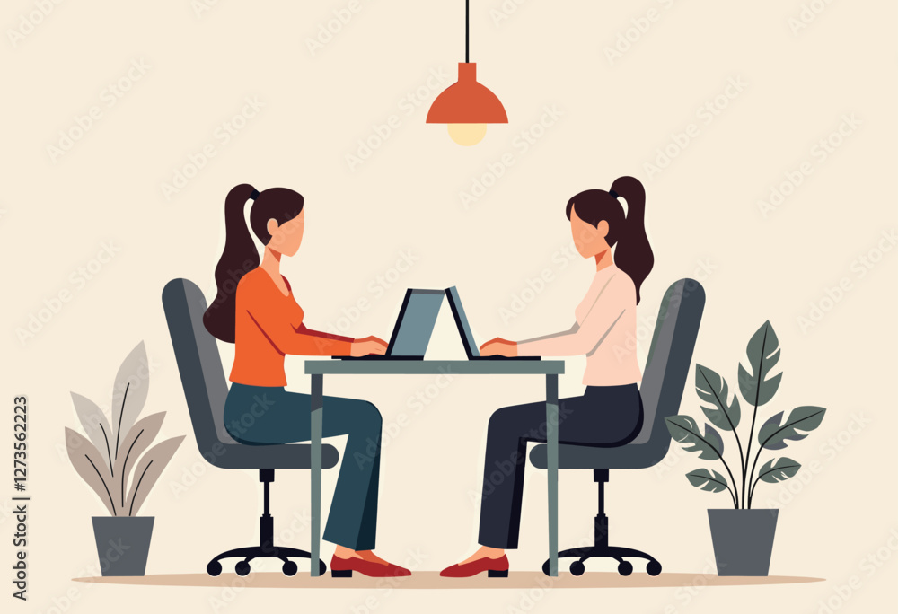 Two women are working on laptops at a table in an office setting. Flat vector illustration Two women are working on laptops at a table in an office setting. Flat vector illustration