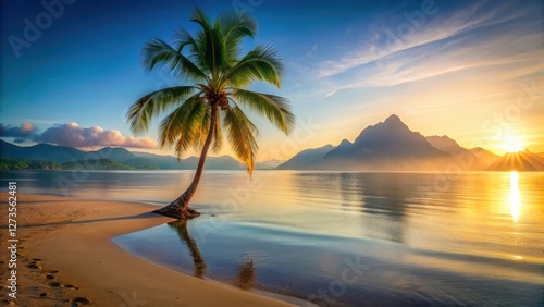 Serene Sunrise Solitary Palm Tree on Pristine Beach with Mountain Silhouette and Golden Hour Light