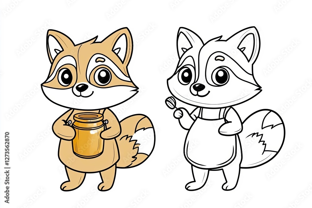 Obraz premium Raccoon holding a jar of honey, wearing a small apron. Cute Cartoon Character Design and Computer Game. Coloring Book Outline Set.
