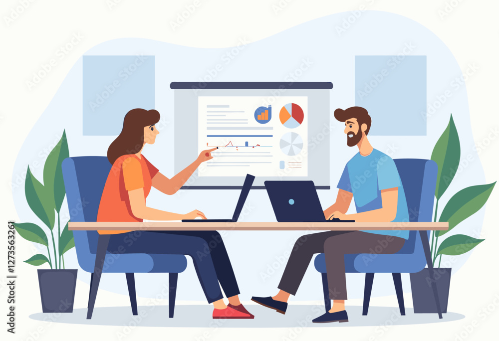 Two people are working on laptops in a meeting room, with a presentation board displaying charts and graphs in the background. Flat vector illustration Two people are working on laptops in a meeting room, with a presentation board displaying charts and graphs in the background. Flat vector illustration