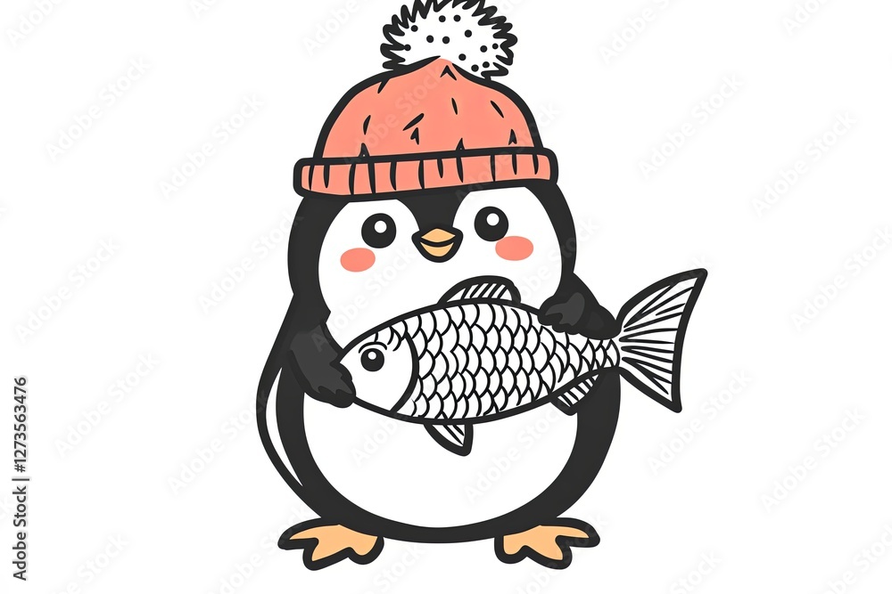 Penguin holding a fish, wearing a tiny winter hat. Cute Cartoon Character Design and Computer Game. Coloring Book Outline Set. Penguin holding a fish, wearing a tiny winter hat. Cute Cartoon Character Design and Computer Game. Coloring Book Outline Set.