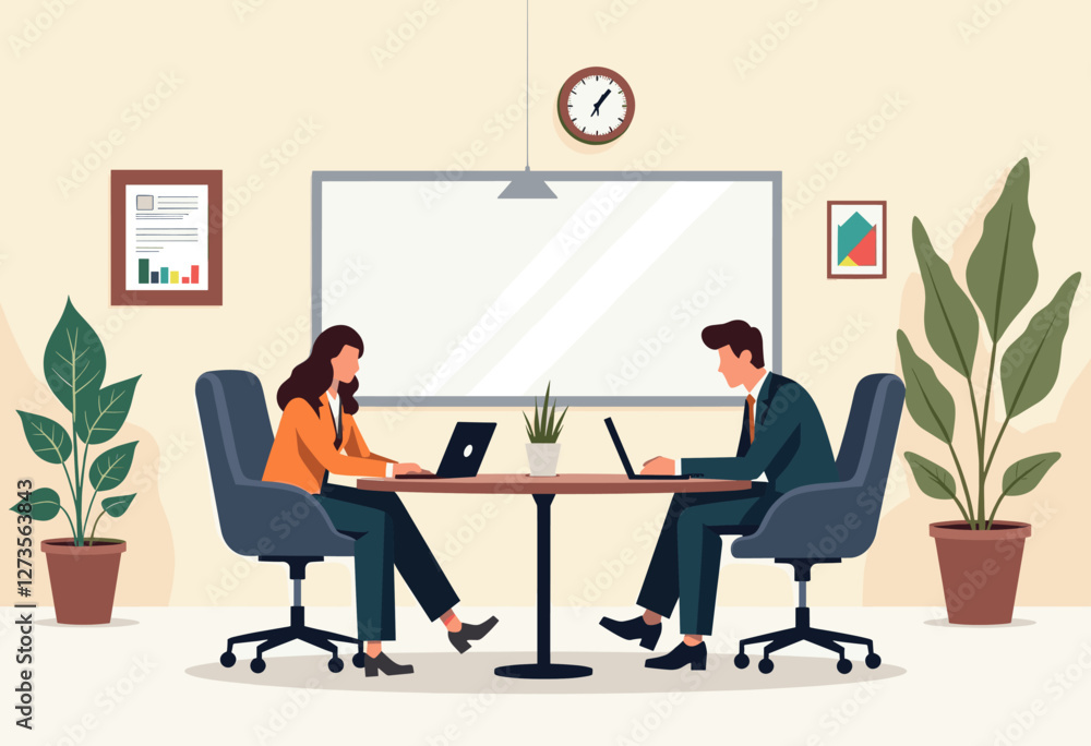 Two people are working on laptops in an office setting, with a clock on the wall and plants in the background. Flat vector illustration Two people are working on laptops in an office setting, with a clock on the wall and plants in the background. Flat vector illustration
