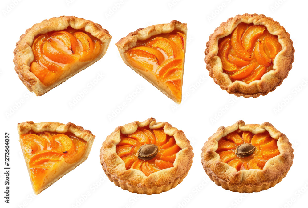 Sliced and whole fruit tarts with apricot filling arranged in rows Sliced and whole fruit tarts with apricot filling arranged in rows