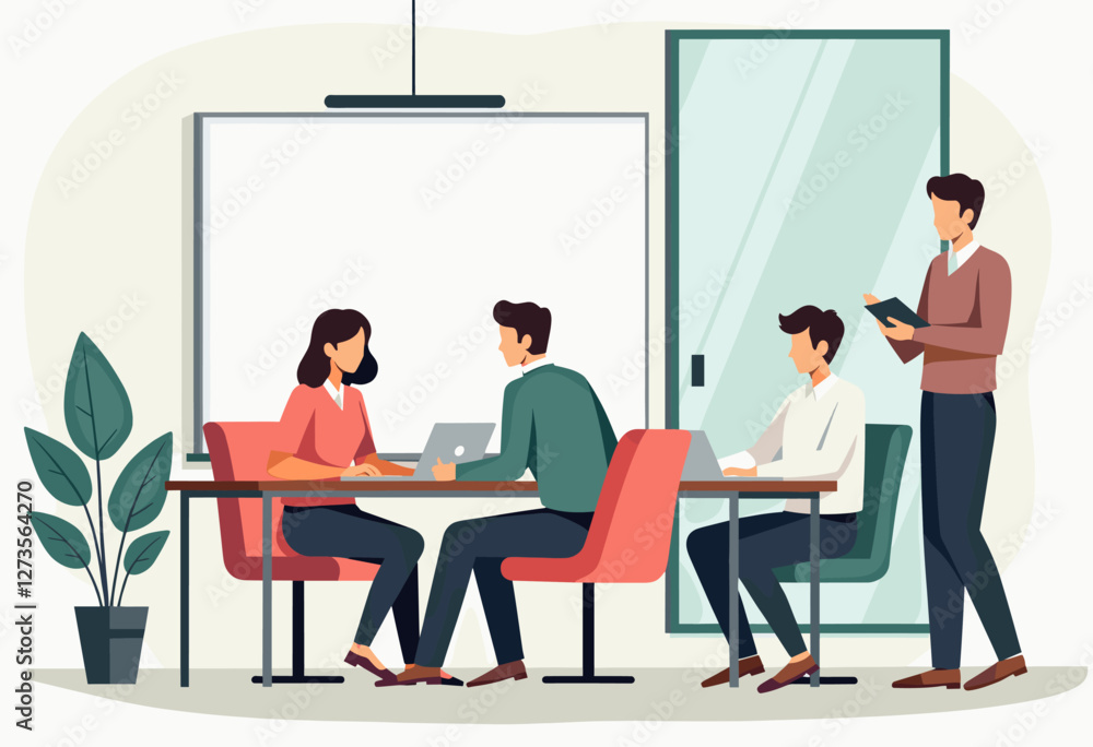 A group of people are working together in an office setting, with some sitting at a table using laptops and others standing nearby. Flat vector illustration A group of people are working together in an office setting, with some sitting at a table using laptops and others standing nearby. Flat vector illustration