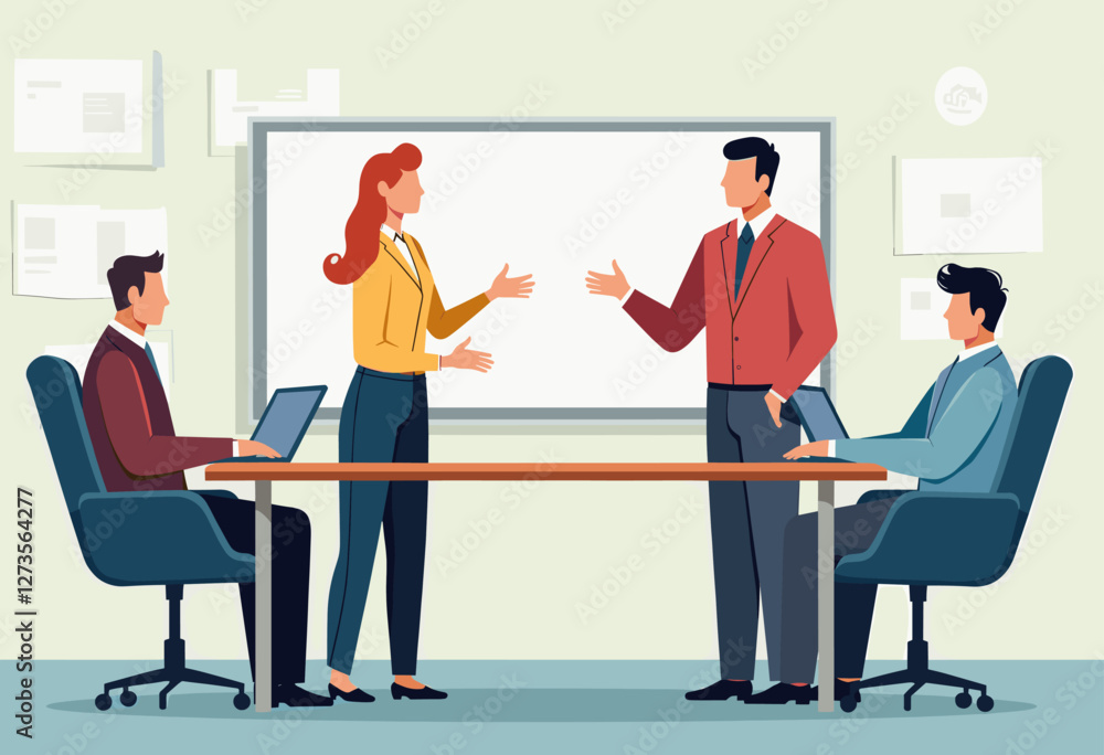 Fototapeta premium The image depicts a group of four people engaged in a business meeting, with two men and two women standing around a conference table, actively discussing and collaborating. Flat vector illustration