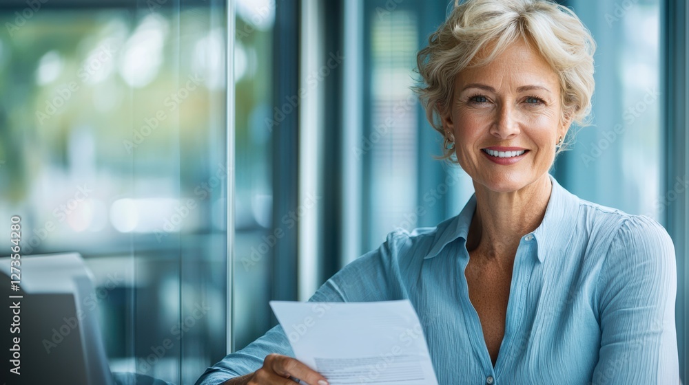 Smiling businesswoman working at desk in modern office environment Smiling businesswoman working at desk in modern office environment