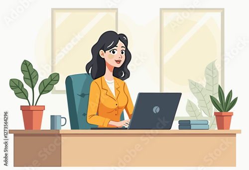 A woman in a yellow blazer is working on a laptop at her desk, surrounded by potted plants and a cup of coffee. Flat vector illustration