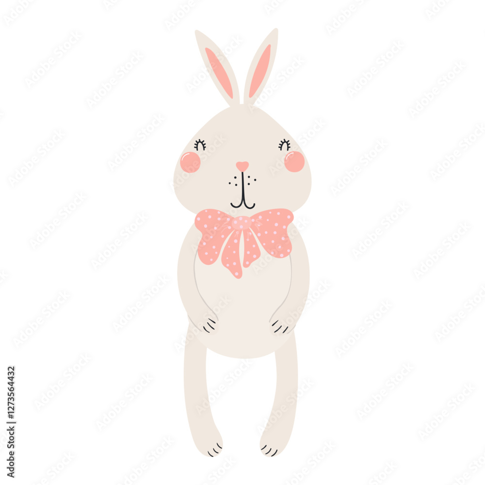 Fototapeta premium Cute Easter bunny, little rabbit with a bow character illustration. Hand drawn flat style design, isolated vector. Holiday clip art, kids print element, seasonal card, banner, poster