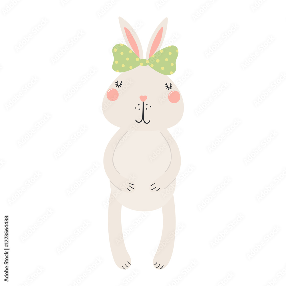 Obraz premium Cute Easter bunny, little rabbit with a bow character illustration. Hand drawn flat style design, isolated vector. Holiday clip art, kids print element, seasonal card, banner, poster
