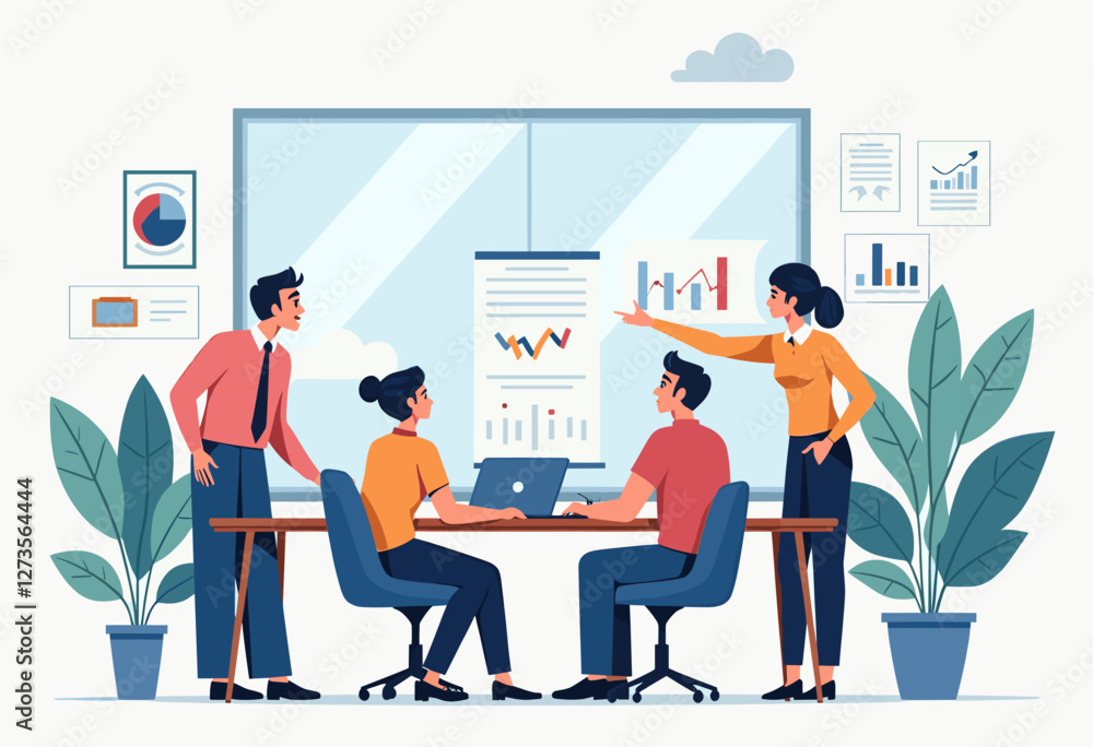 Fototapeta premium A group of people are working together in an office setting, with one person presenting a graph on a projector screen. Flat vector illustration