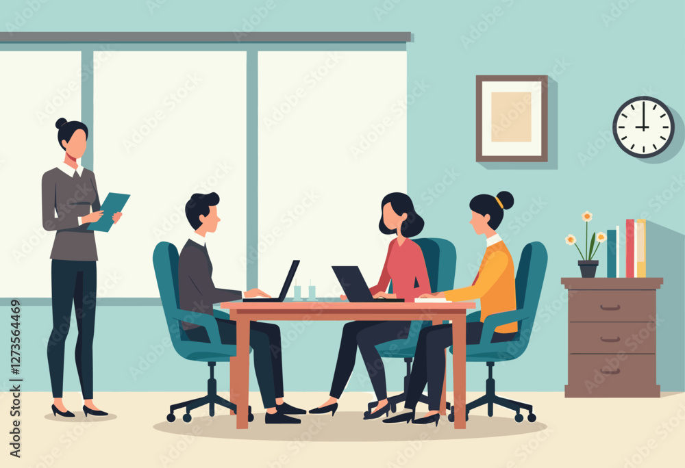 A group of people are working together in an office setting, with one person presenting information to the others. Flat vector illustration A group of people are working together in an office setting, with one person presenting information to the others. Flat vector illustration