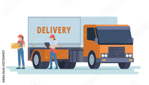 Delivery Truck or Car Vector Illustration with Courier, Flat style editable elements