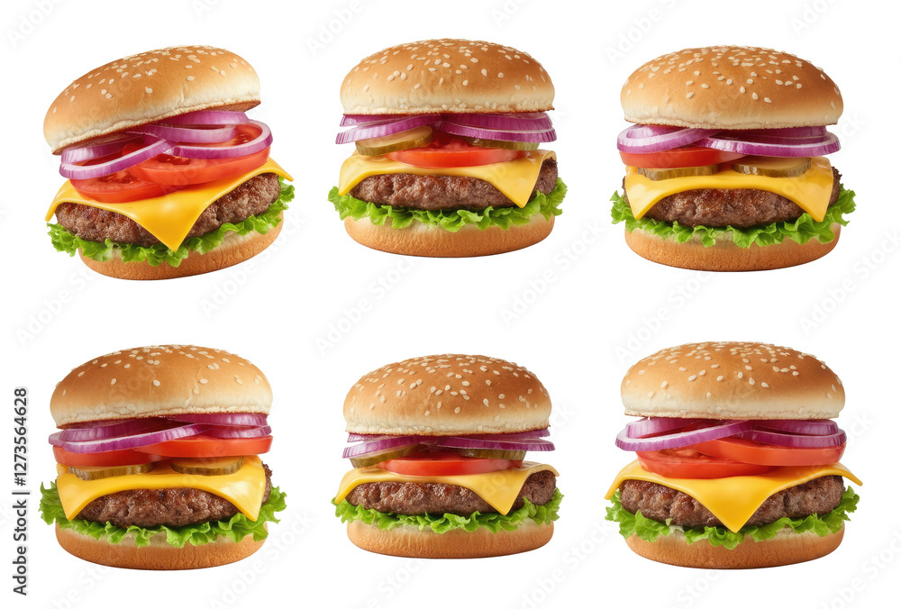 Six cheeseburgers with lettuce, tomato, onion, cheese, and sesame seed buns, arranged in grid pattern Six cheeseburgers with lettuce, tomato, onion, cheese, and sesame seed buns, arranged in grid pattern