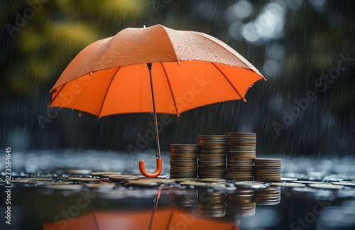 Wallpaper Mural an orange umbrella over a stack of coins on a green background with rain droplets, conveying the concept of financial protection Torontodigital.ca