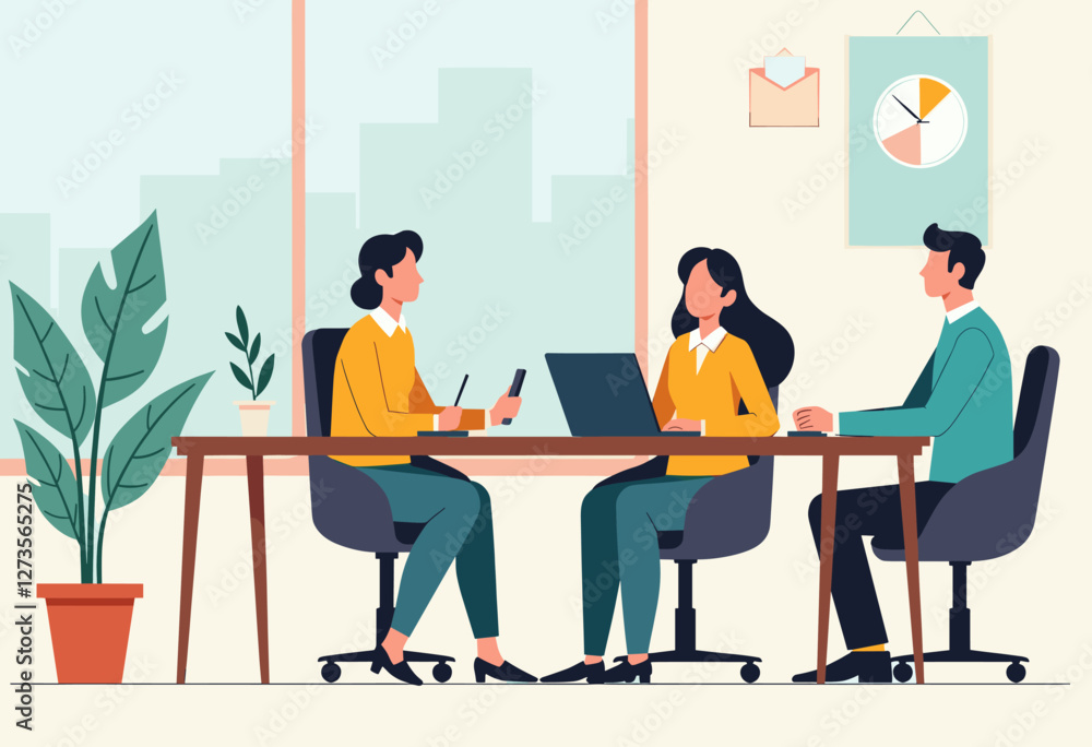 Three people are working together in an office setting, with two seated at a table and one standing, using laptops and other office equipment. Flat vector illustration Three people are working together in an office setting, with two seated at a table and one standing, using laptops and other office equipment. Flat vector illustration