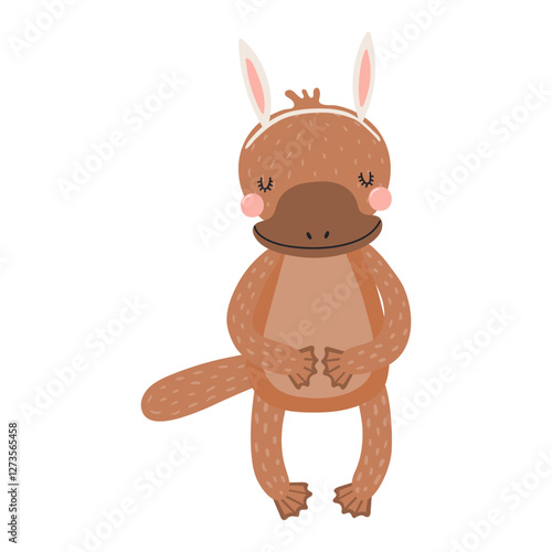 Cute platypus with Easter bunny ears character illustration. Hand drawn flat style design, isolated vector. Holiday clip art, kids print element, seasonal card, banner, poster