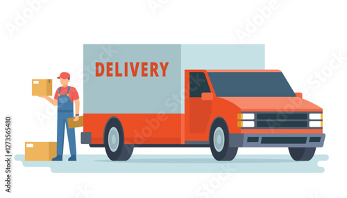 Delivery Truck or Car Vector Illustration with Courier, Flat style editable elements