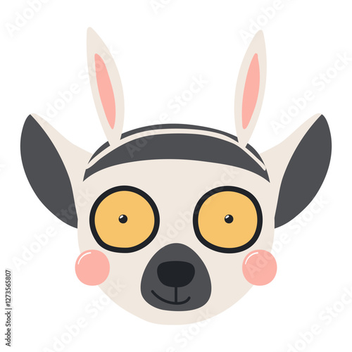 Cute lemur face with Easter bunny ears character illustration. Hand drawn fla...