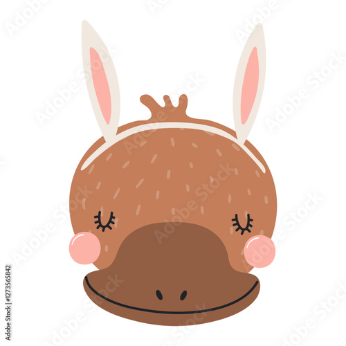 Cute platypus face with Easter bunny ears character illustration. Hand drawn ...