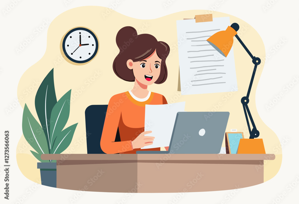 A woman in an orange shirt is working at a desk, focused on a laptop and surrounded by office supplies, with a plant and clock nearby. Flat vector illustration A woman in an orange shirt is working at a desk, focused on a laptop and surrounded by office supplies, with a plant and clock nearby. Flat vector illustration