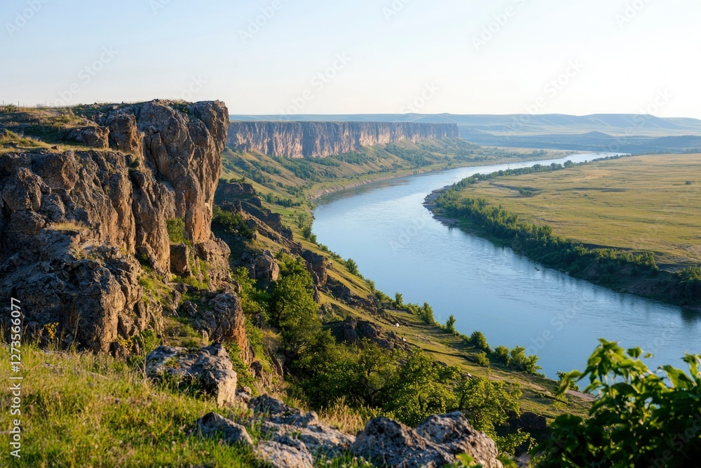 River winds through a grassy valley, cliffs rise in the distance. Scenery view River winds through a grassy valley, cliffs rise in the distance. Scenery view