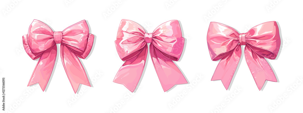 Set of pink bows. Vector pink ribbon trendy stylish. Set of cute decorative holiday ribbon bows for gifts, to decorate hair on white background. Set of pink bows. Vector pink ribbon trendy stylish. Set of cute decorative holiday ribbon bows for gifts, to decorate hair on white background.