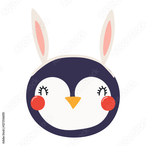 Cute penguin face with Easter bunny ears character illustration. Hand drawn f...