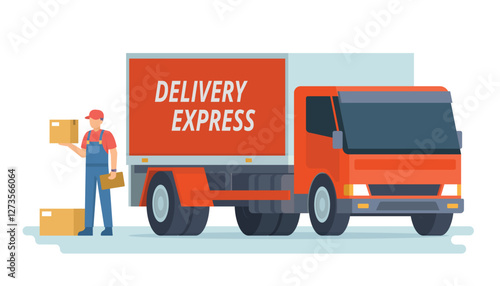 Delivery Truck or Car Vector Illustration with Courier, Flat style editable elements
