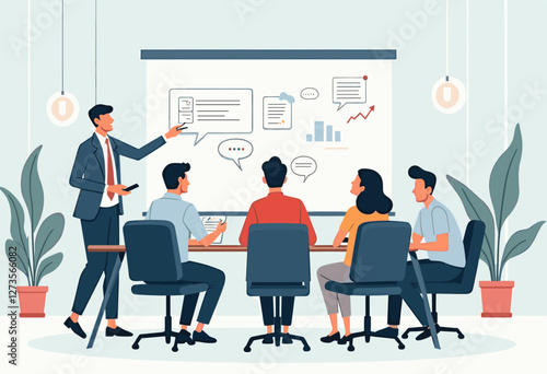A group of people are gathered around a table, engaged in a meeting or discussion, with a presentation displayed on a screen behind them. Flat vector illustration