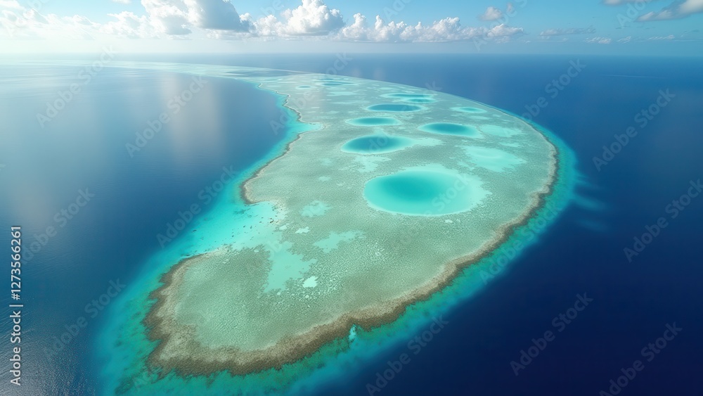 Obraz premium Aerial view of coral reef and turquoise ocean lagoon surrounded by deep blue sea