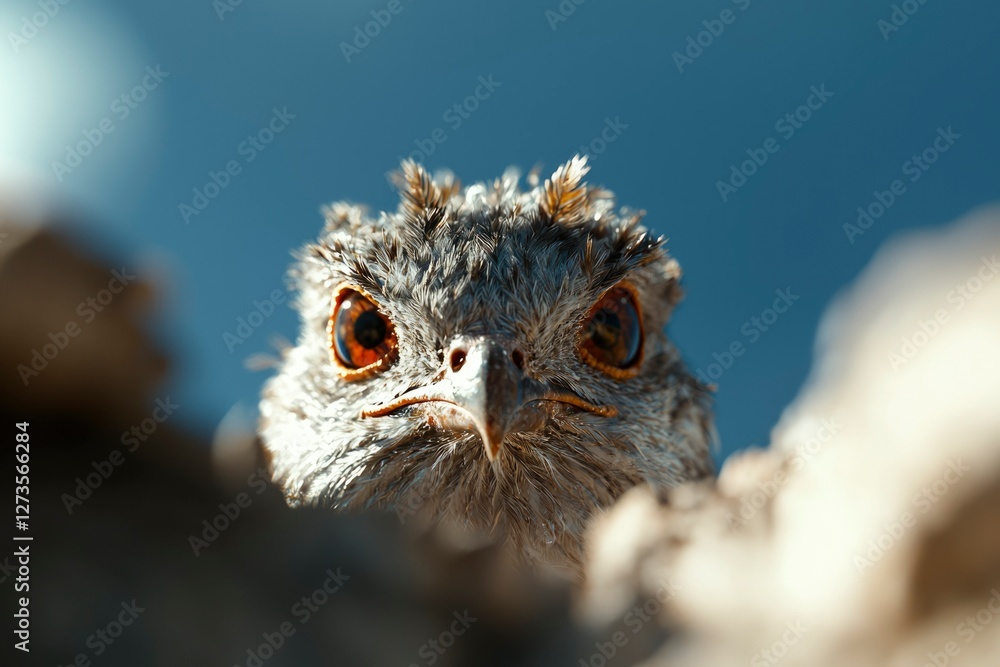 Curious bird looks through a rock hole. Animal watching in the wild nature Curious bird looks through a rock hole. Animal watching in the wild nature