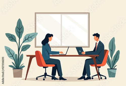 Two people, a man and a woman, are sitting at a table in a business setting, working on their laptops. Flat vector illustration