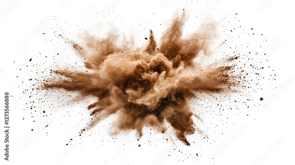 Photograph of a dust explosion, isolated on a white background, in a dark brown color. Photograph of a dust explosion, isolated on a white background, in a dark brown color.