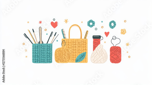 Handmade logo vector wool knitting needles or sewing handcraft hobby workshop logotype illustration set of crocheting woolly knitwear and handknitting needlework label isolated on white background photo