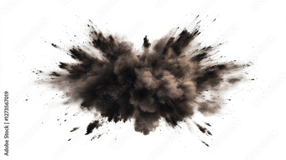 Photograph of a dust explosion, isolated on a white background, in a dark brown color. Photograph of a dust explosion, isolated on a white background, in a dark brown color.