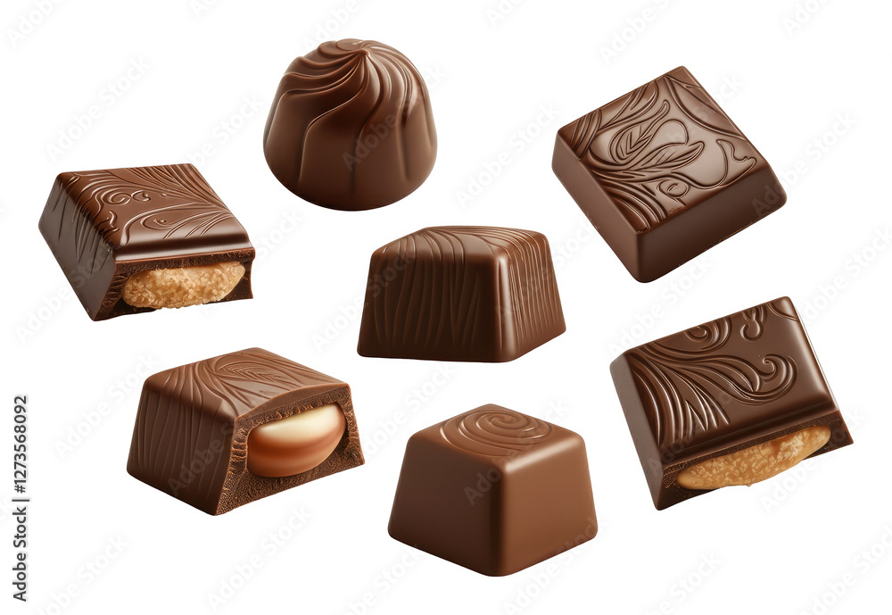 Naklejka premium Assorted milk chocolates in various shapes, some with nuts, isolated on transparent background