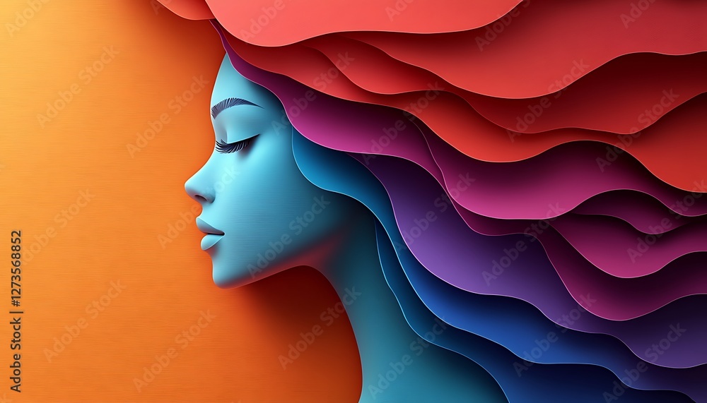 Colorful Girl Face in Wavy Paper Layers on Orange Background
Colorful Girl Face in Wavy Paper Layers on Orange Background